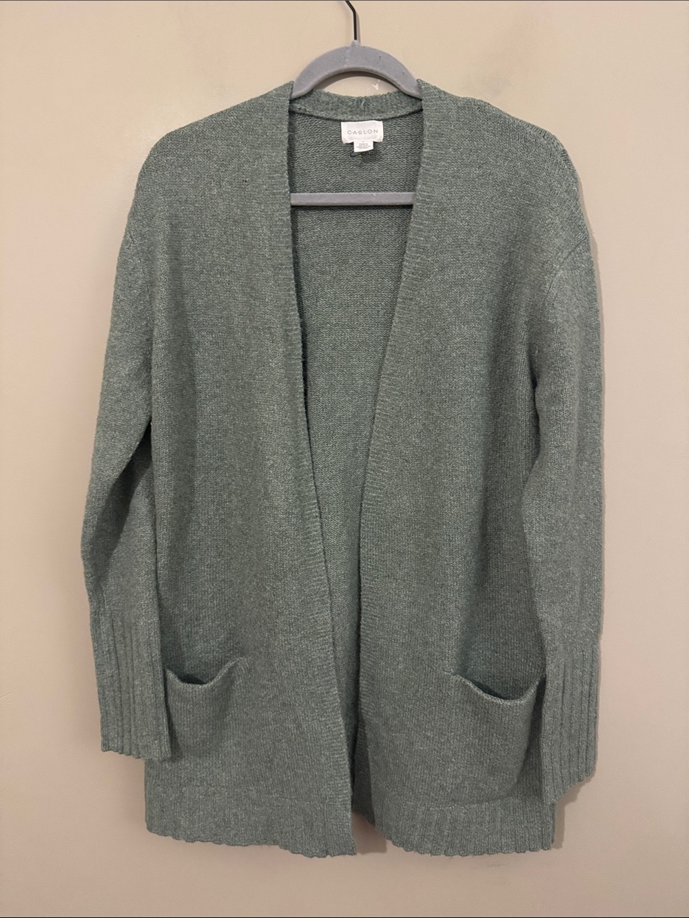 Caslon Collarless Open Front Long Cardigan - Green Sorrel, size Small